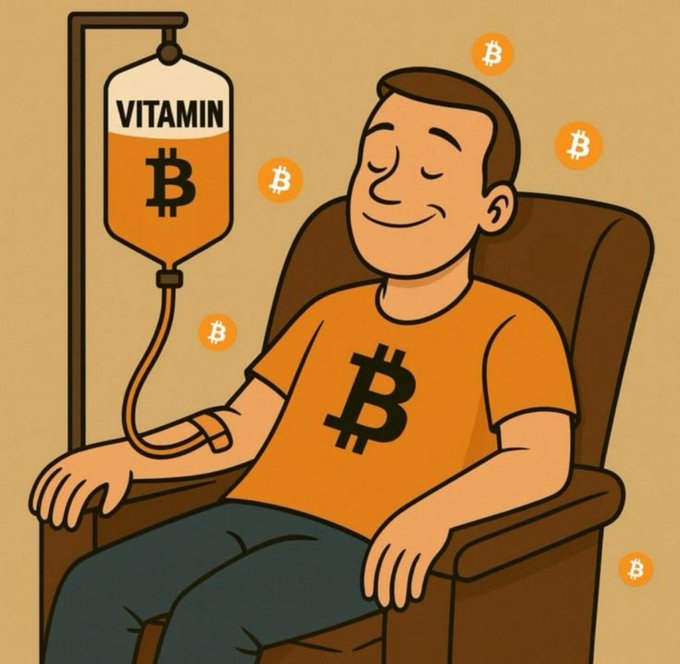 A relaxed man in an orange Bitcoin (₿) t-shirt receives an IV drip labeled "VITAMIN ₿," with Bitcoin symbols floating around him. The image humorously reinforces the post's sentiment by depicting Bitcoin as essential nourishment for both financial and personal well-being.