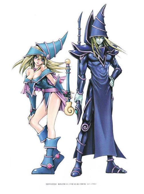 Illustration of two Yu-Gi-Oh! characters, the Dark Magician Girl in blue and pink, and the Dark Magician in a dark purple robe, standing side by side.