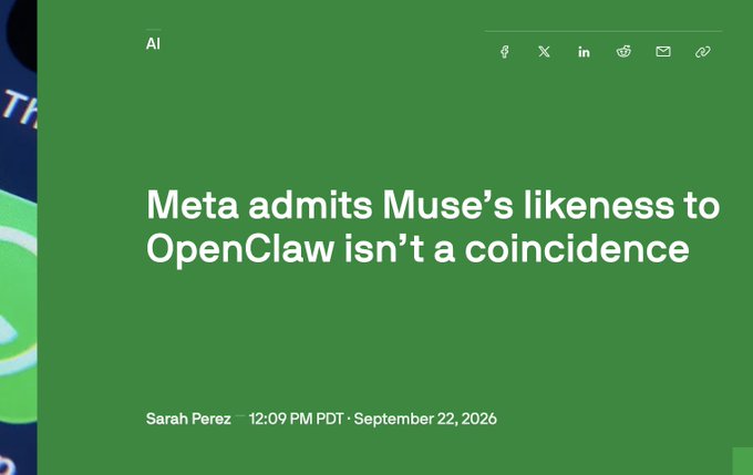 A green-themed article header with the headline 'Meta admits Muse's likeness to OpenClaw isn't a coincidence' by Sarah Perez, dated September 22, 2026.