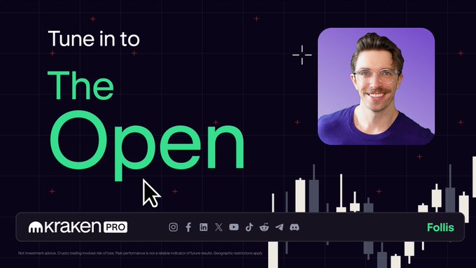 A promotional graphic for "The Open" podcast/show features host Follis (smiling, wearing glasses) on a dark background with crypto candlestick chart graphics and Kraken Pro branding, advertising a live 9 AM ET broadcast of crypto market updates and trading analysis on Kraken Pro.