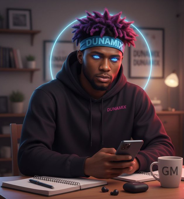 A stylized digital illustration of a man with purple dreadlocks wearing a 'DUNAMIX' headband and hoodie, with glowing blue eyes and a neon halo, sitting at a desk with a phone, notebook, and a 'GM' mug.