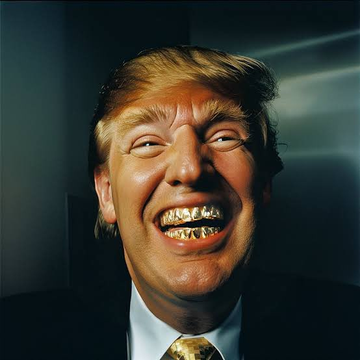 A smiling portrait of Donald Trump with blonde hair, wearing a dark suit and gold tie against a dark background.