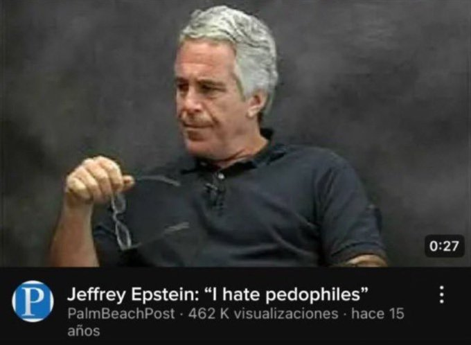 A YouTube video screenshot from PalmBeachPost with 462K views titled "Jeffrey Epstein: 'I hate pedophiles'", showing an older man with white hair holding glasses.