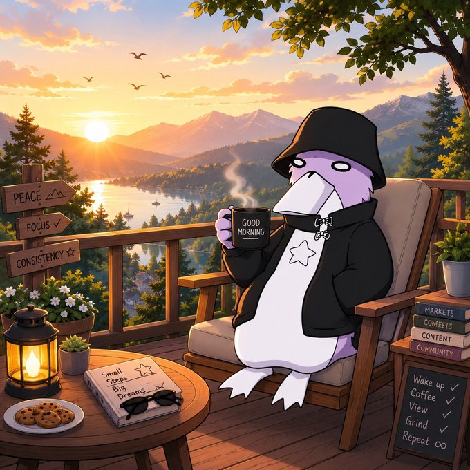 A cartoon purple penguin wearing a black bucket hat and hoodie sits in a chair holding a 'GOOD MORNING' mug, overlooking a lake and mountains at sunset, with signs for 'PEACE', 'FOCUS', and 'CONSISTENCY' nearby.