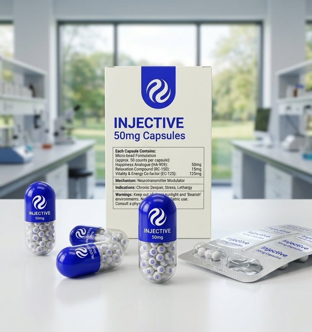 A product photograph showing 'INJECTIVE 50mg Capsules' with blue and clear packaging containing small white pills, displayed in what appears to be a laboratory setting, listing contents like Happiness Analogue, Relaxation Compound, and Vitality & Energy Co-factor.
