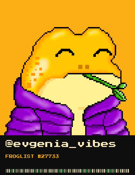 A pixel art illustration shows an orange frog character in a purple puffer jacket holding a green leaf, with text reading '@evgenia_vibes FROGLIST #27733' and a barcode at the bottom.