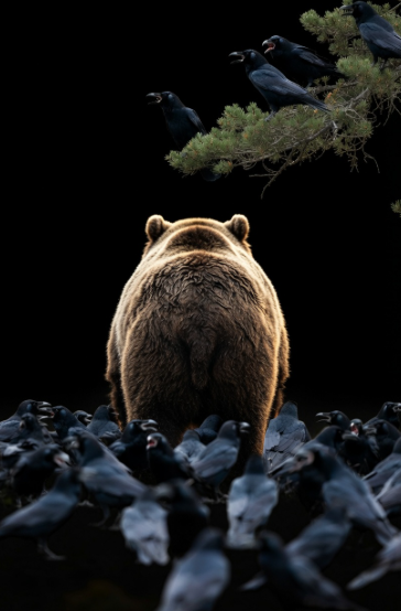 A bear viewed from behind stands surrounded by a large flock of black crows at its feet and perched in a pine tree branch overhead, set against a dark night sky.
