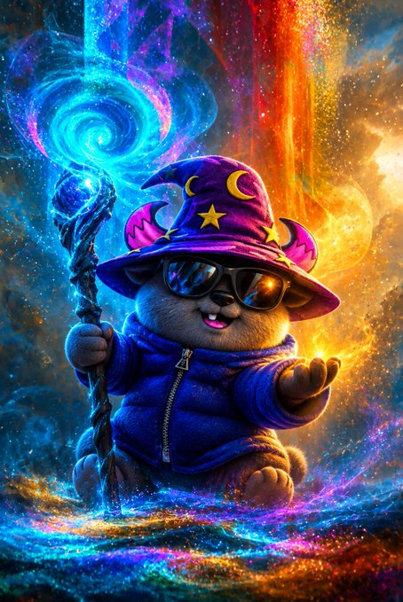 A whimsical digital artwork of a cute bear-like creature dressed as a wizard, wearing a star-patterned purple hat, sunglasses, and blue hoodie, holding a glowing staff against a vibrant cosmic background of swirling colors.