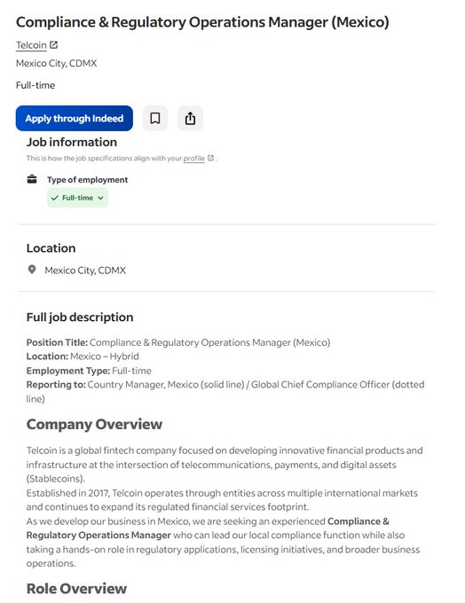 A job listing screenshot for a Compliance & Regulatory Operations Manager position at Telcoin in Mexico City, CDMX, describing a full-time role reporting to the Country Manager and Global Chief Compliance Officer.