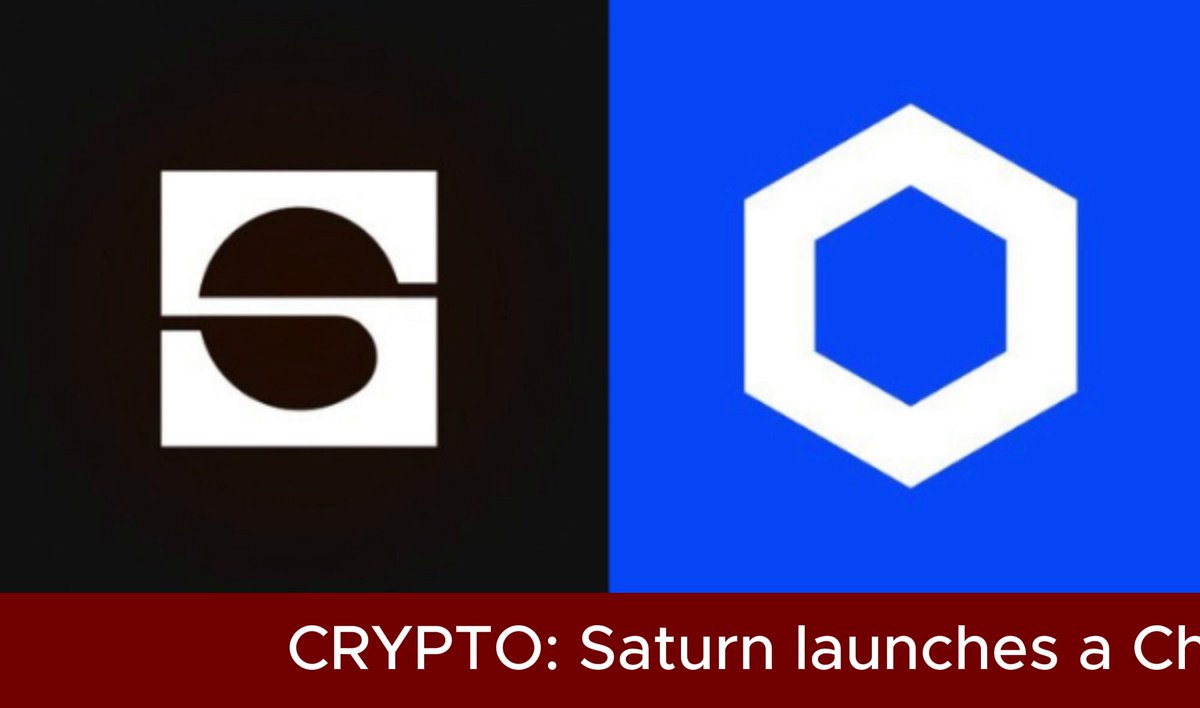 The image features a logo with two squares side-by-side, one black and one blue, each containing a white letter "S" surrounded by a hexagon. Below this logo, there's text that reads "CRYPT::Saturn launches a CHAINLINK NAV oracle for its sUSDat vault, fed by AccountableData'( @AccountableData )". The image also includes a caption below the logo that says "Focus on what is in the image and how it relates to the post".