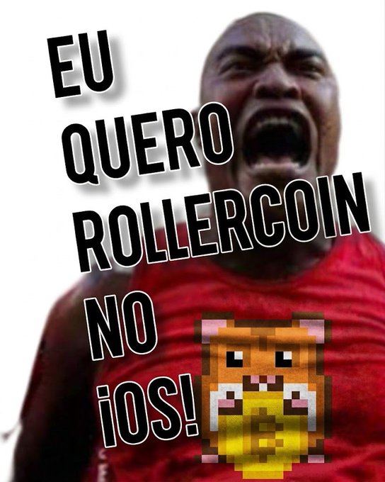 A meme image with Portuguese text 'EU QUERO ROLLERCOIN NO iOS!' (I want Rollercoin on iOS!) featuring a screaming man and a pixelated hamster character.