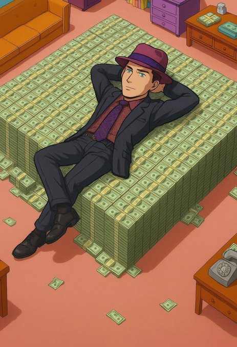 A confident man in a suit and fedora reclines atop a massive stack of cash with bills scattered around him, visually representing the weekend flex and financial optimism behind the "GM friends, have a happy weekend!" greeting.