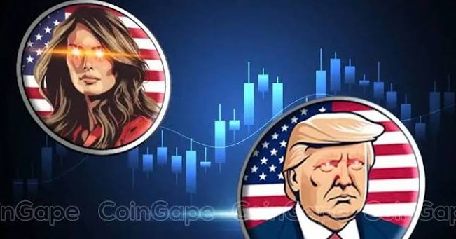 CoinGape promotional graphic featuring cartoon-style illustrations of Melania Trump and Donald Trump with laser/fiery eyes against American flag circles, overlaid on a blue candlestick chart.