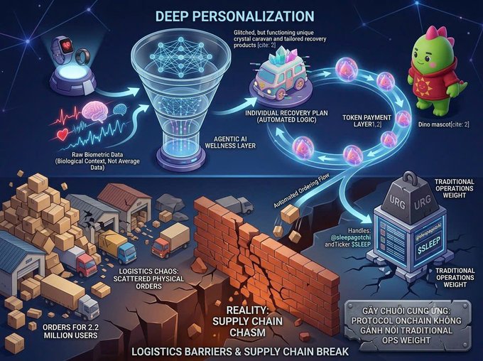 A detailed infographic titled "DEEP PERSONALIZATION" showing an AI wellness system with labels like "Raw Biometric Data," "Agentic AI Wellness Layer," "Token Payment Layer," "Logistics Barriers & Supply Chain Break," and a green dinosaur character labeled "Dino mascot."