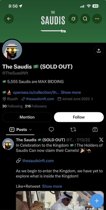 A Twitter profile screenshot of "The Saudis" (@TheSuadiNft), marked as "SOLD OUT" with 5,555 Saudis MAX BIDDING, 30 Following, and 216 Followers. The post warns that this NFT project likely rugged previous mints, urging buyers to stay vigilant given its sold-out status with low follower count.