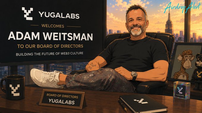 The image shows a promotional announcement featuring Yuga Labs welcoming Adam Weitsman to their Board of Directors, with text reading "BUILDING THE FUTURE OF WEB3 CULTURE." A digitally-rendered, cartoon-style depiction of a smiling, casually-dressed man with a goatee sits at a desk in an office setting, surrounded by Yuga Labs merchandise including a branded mug, nameplate, and notebook. The "Airdrop Alert" logo appears in the upper right corner, tying the graphic to the accompanying post about Weitsman's new role as a board member leveraging his prominent NFT collector status.