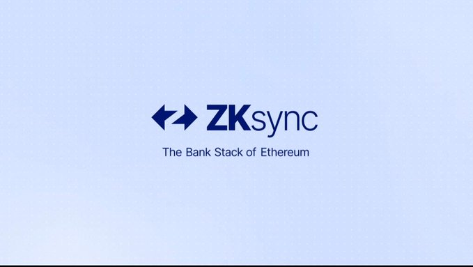 The image shows an advertisement for a bank named "ZKSync" with a logo featuring two arrows pointing in opposite directions. The text below the logo reads "The Bank Stack of Etherum", which suggests that the bank is involved in cryptocurrency trading or blockchain technology. The image also includes a caption about trust and how it has evolved over time, referencing the post by Deutsche Bank regarding ZKSync's institutional deployment.