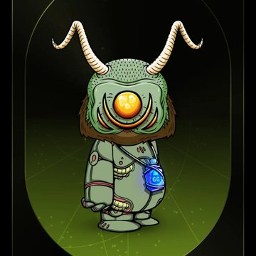 A digital illustration of a green, one-eyed alien creature with striped antennae wearing a futuristic suit with a glowing blue device.