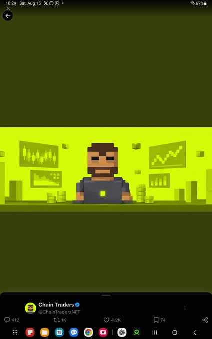 A mobile screenshot of a Twitter post by 'Chain Traders (@ChainTradersNFT)' featuring a pixel art character in front of a green background with trading charts and gold coins, garnering 4.2K likes.