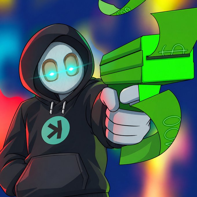 A hooded figure with a glowing white mask and blue eyes, wearing a black hoodie featuring a teal "K" logo, points a green futuristic pistol at the viewer.

The image serves as the avatar/profile picture of the poster, lending a stylized, crypto-community persona to their bullish $CATE market update, where the gun pointing forward symbolically reinforces their confident call for the token to reach a $1B–$50B market cap.