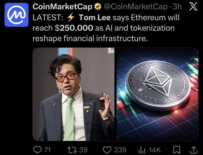 In the image, there are a couple of posts on social media that seem to be related to cryptocurrency. The main post is about someone giving advice or sharing information about crypto trading strategies. This particular post also mentions an event where Tom Lee, a well-known person in the cryptocurrency world, says that Bitcoin will soon reach $25,000. Another smaller post from Twitter features a man wearing glasses and holding his hands up near a coin symbol which appears to be worth $25,000. The image itself focuses on this man and the value of the coin he is holding or discussing.