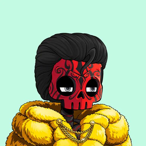 A stylized cartoon character with slicked-back black hair, a red skull mask with black filigree patterns, and a large yellow fur coat over a gold chain.