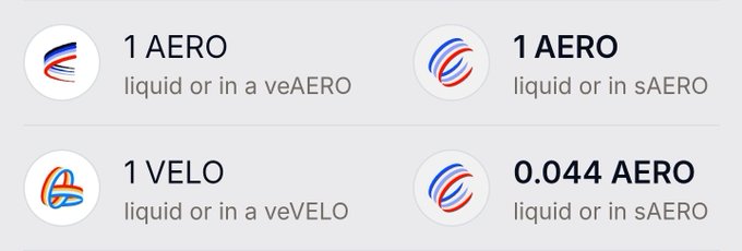 A token-listing interface showing “1 AERO — liquid or in a veAERO,” “1 AERO — liquid or in a sAERO,” “1 VELO — liquid or in a veVELO,” and “0.044 AERO — liquid or in a sAERO.”