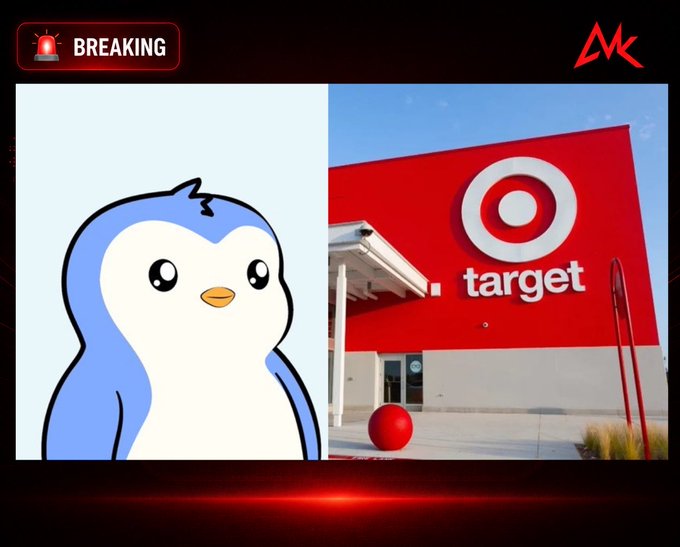 A breaking news graphic from MK showing a cartoon penguin logo on the left and a Target retail store building with its red bullseye logo on the right.