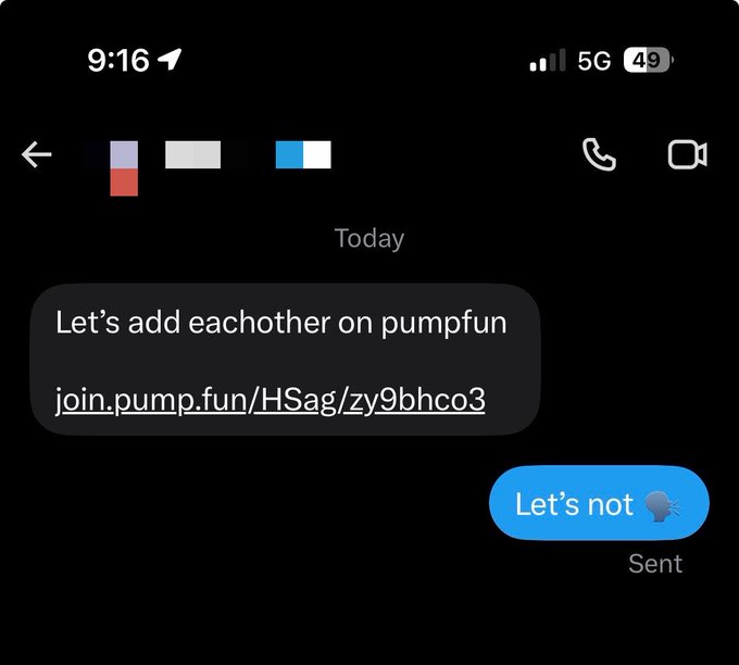 An iMessage screenshot where someone receives a text "Let's add eachother on pumpfun" with a join link, and replies with a blue iMessage bubble saying "Let's not".