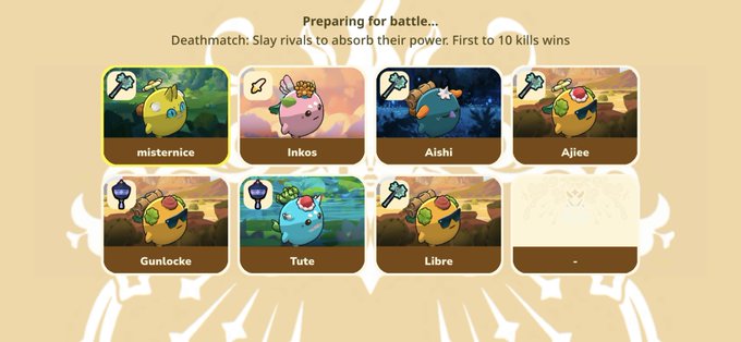 A pre-battle screen from Axie Infinity's "Atia's Legacy" PvP event shows a Deathmatch lineup featuring players including misternice, Inkos, Aishi, Ajiee, Gunlocke, Tute, and Libre, with the objective being to slay rivals to absorb their power, with the first to 10 kills winning. The image ties to the post's highlight of enjoying PvP encounters with familiar players like @gunlockeaxie during the event.