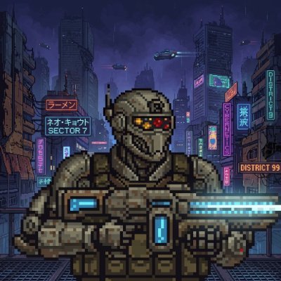Pixel art depicting a cyborg or robotic soldier in tactical gear with glowing red optical sensors, standing in a rainy cyberpunk cityscape featuring neon signs reading 'SECTOR 7', 'DISTRICT 99', and Japanese text 'ラーメン' (ramen) and 'ネオ・キョウト' (Neo Kyoto).