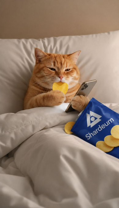 The image features a cat sitting on top of an unmade bed, holding a bag of potato chips in its mouth while looking at a cell phone. The text accompanying the photo reads "GM frendsss! My plans for the day: Staying onchain Snacking Pretending I'll touch grass later". This post seems to be promoting a humorous and lighthearted approach to everyday life, with the cat's actions of snacking on potato chips and looking at a cell phone being portrayed as if they were engaging in typical human activities.