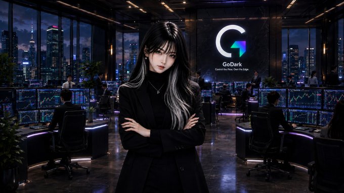 A dark, cyberpunk-style image of a young woman with long black hair in a black blazer standing in a high-tech office with the logo 'GoDark - Control the Flow. Own the Edge.'