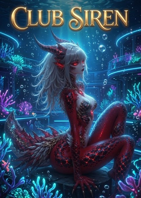Digital artwork titled "CLUB SIREN" depicting a horned, red-skinned humanoid figure with glowing lava-like cracks, sitting in an underwater club environment surrounded by coral and bubbles.