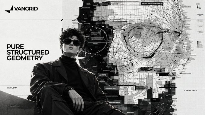 A digital artwork titled 'PURE STRUCTURED GEOMETRY' features a person in sunglasses and dark clothing seated in front of a complex, schematic wireframe skull, with 'VANGRID' branding in the top left.