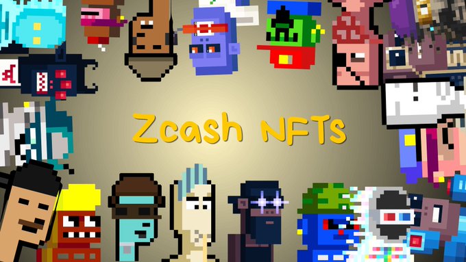 A graphic titled 'Zcash NFTs' surrounded by various pixel art character designs in different colors and styles.