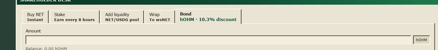 A user interface screenshot from a SHAREHOLDER DESK showing tabs for 'Buy NET Instant', 'Stake', 'Add liquidity', 'Wrap To wsNET', and 'Bond hOHM', with a balance showing 0.00 hOHM.