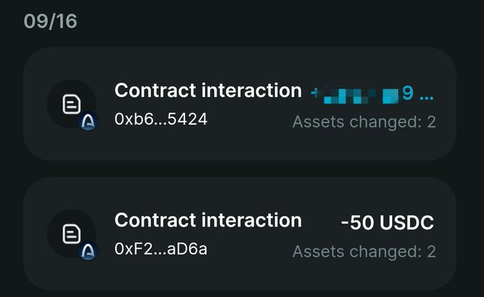 A dark-themed mobile interface dated '09/16' showing two 'Contract interaction' notifications: the first for address '0xb6...5424' with 'Assets changed: 2,' and the second for '0xF2...aD6a' showing '-50 USDC' with 'Assets changed: 2.'