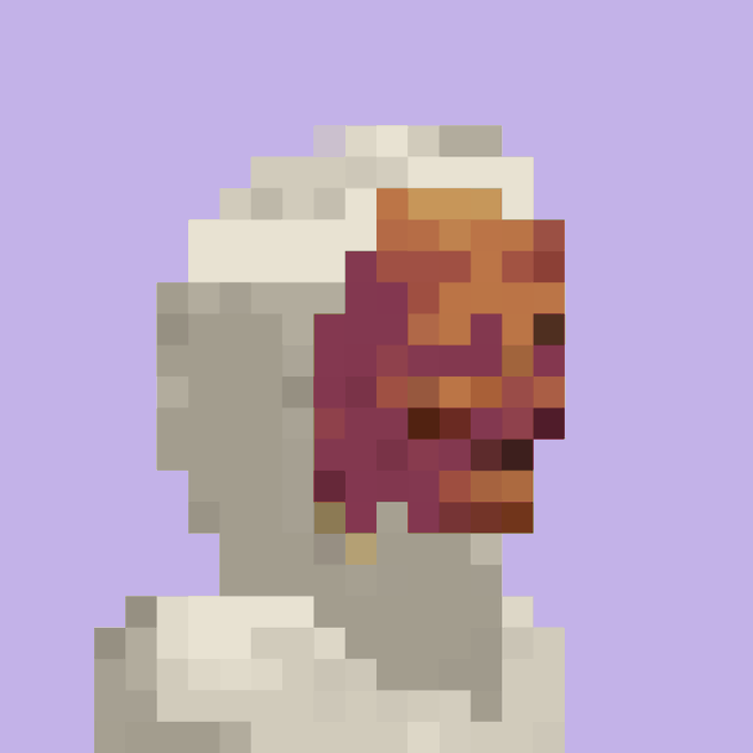 A low-resolution pixelated figure wearing a white shroud or hood, with a heavily pixelated face composed of brown, red, and orange tones on a light purple background.