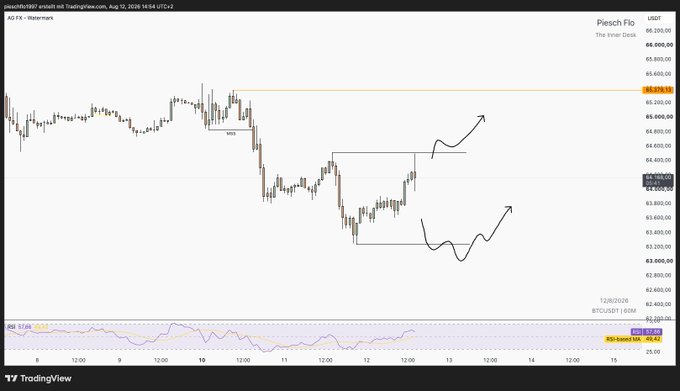 A TradingView chart for Piesch Flo (Piesch Flo - The Inner Desk) displays price action around 64,000 USDT, with hand-drawn annotations marking potential breakout scenarios and an RSI indicator below.