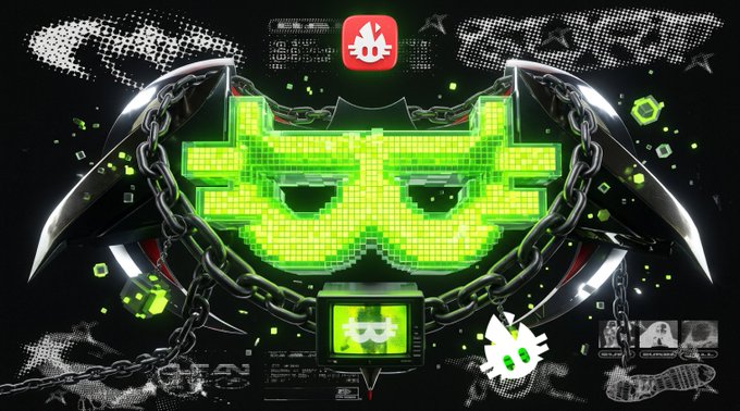 A digital graphic featuring a pixelated green mask/symbol flanked by chains and blades, with the CyberKongz logo at the top and a small CRT monitor displaying the symbol at the bottom.