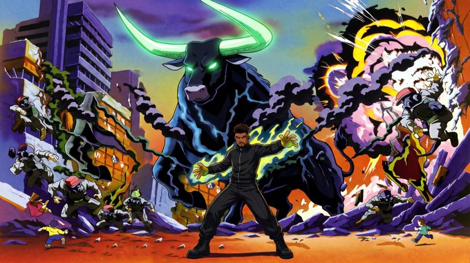 A man in a dark suit unleashes glowing green energy as a giant bull with glowing green horns and eyes towers over a destroyed cityscape, symbolizing bullish momentum and powerful narrative shift in the market.