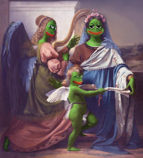 A classical Renaissance-style painting is humorously edited to replace the human figures with Pepe the Frog characters—an angel, a woman in a robe, and a cherub—turning a traditional religious scene into a meme. This ties into the post's reference to "Pepe on Robinhood," playfully suggesting that Pepe has ascended to a divine, iconic status in the meme-stock and trading culture.