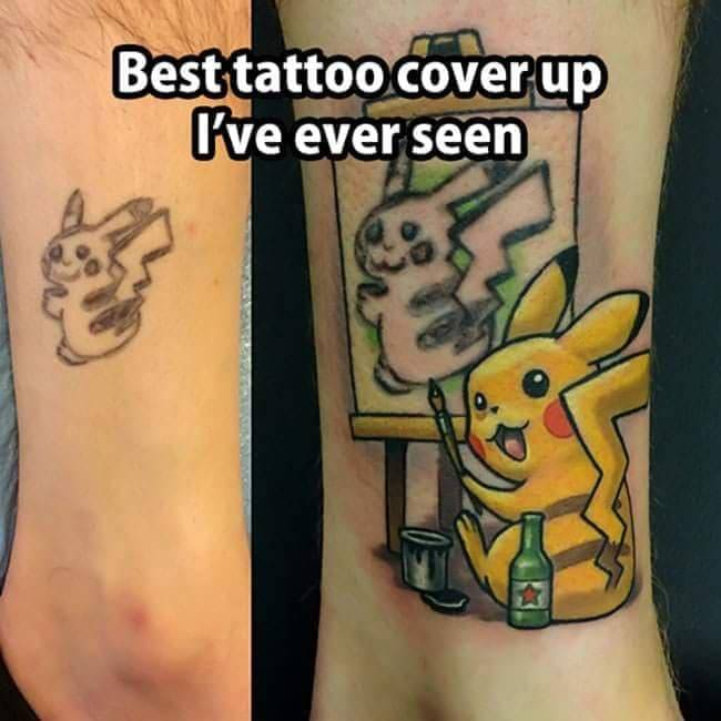 A side-by-side comparison showing an impressive tattoo cover-up, where a faded Pikachu tattoo on the left was transformed into a vibrant, detailed Pikachu painting at an easel on the right, with the caption 'Best tattoo cover up I've ever seen.'