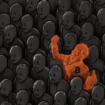 A stylized illustration showing an orange figure with a Bitcoin 'B' logo standing defiantly among a crowd of dark gray faceless figures marked with 'X' eyes.