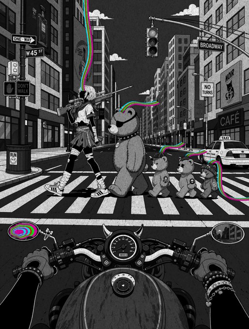 A black-and-white illustration of a girl with a sniper rifle and a bear with cubs crossing a New York street, viewed from a motorcycle dashboard with 'ONE WAY', 'W 45 ST', 'BROADWAY', and 'NO TURNS' signs visible.