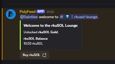 A screenshot of a 'PolyFeed' bot message welcoming a user to the 'rkuSOL Lounge' and displaying an 'Unlocked rkuSOL Gold' balance of 10.03 rkuSOL.