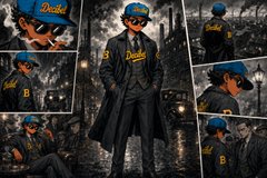 The image is a collage featuring a man wearing a blue Dodgers cap and a long black coat with a yellow "B" emblem, styled against a dark, cinematic backdrop. It matches the post's good morning vibes, showcasing street-style Dodgers fan apparel to greet followers on a Wednesday.