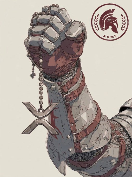 A raised, armored fist clutching a rosary with a cross, alongside a smaller crucifix charm and a circular "ARMY" emblem featuring a Spartan helmet, embodies the post's message of unwavering conviction—symbolizing the #XRPArmy's steadfast resolve and spiritual endurance through market volatility and doubt.