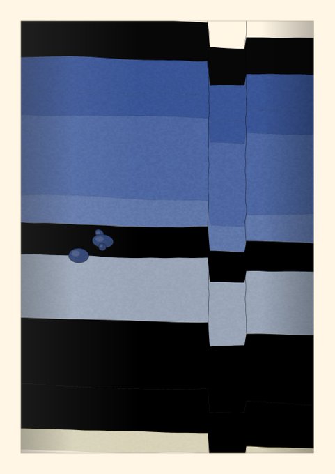 The image features an abstract art piece with blue, black, and white colors. The artwork has a unique design that includes horizontal lines of varying widths, creating a sense of depth and dimension. The artist's name "Dyor" is also present in the image.